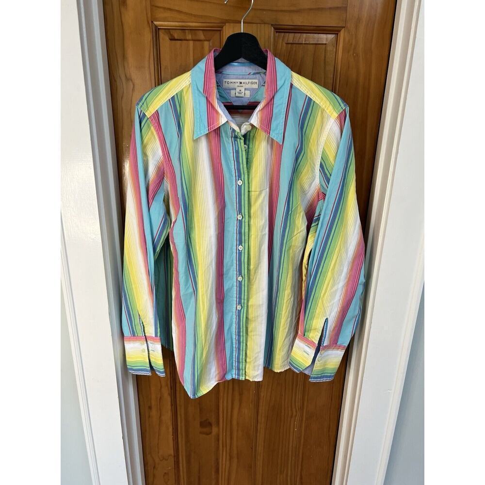 VTG Tommy Hilfiger Women Y2k Button Up Striped Long Sleeve Blouse Top SZ 16